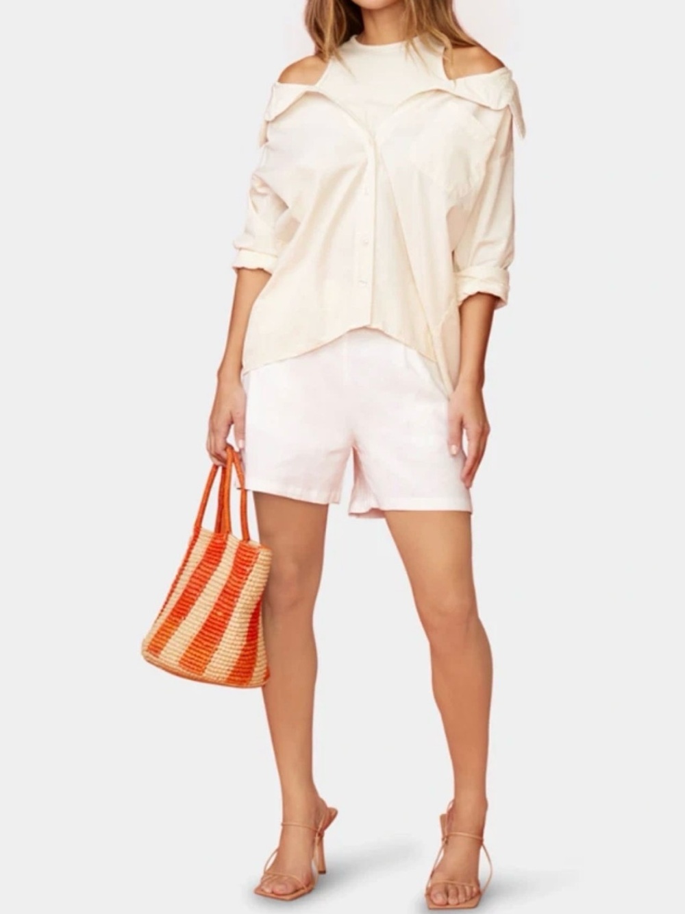 Monrow Cream White Button Down Shirt with Built In Tank
